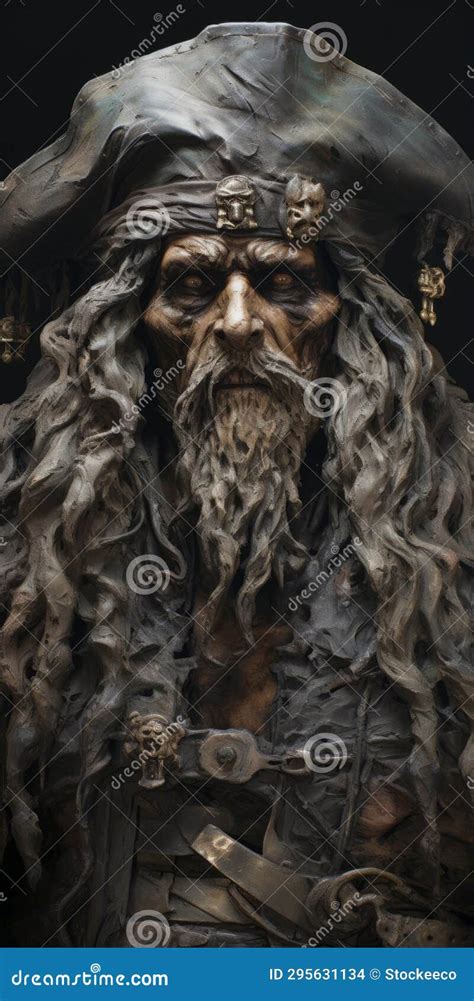 Hyperrealistic Wooden Pirate Statue With Dark Fantasy Elements Stock