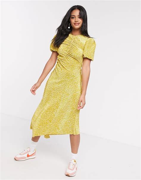 Asos Design Plisse Midi Dress With Seam Detail In Yellow Ditsy Floral Print Asos