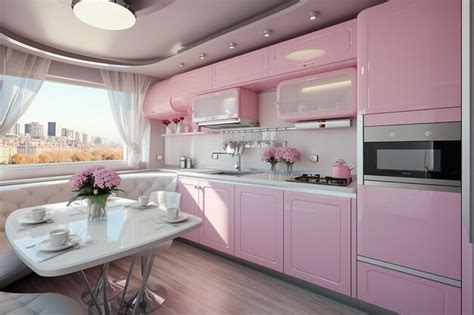 Premium AI Image Monochrome Pink Kitchen Interior Generative AI