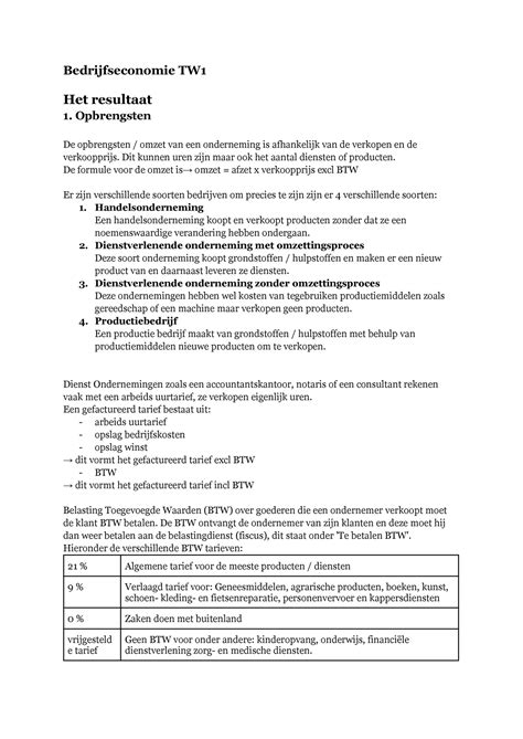 Beco Samenvatting Boekje Deel Bedrijfseconomie Tw Het Resultaat