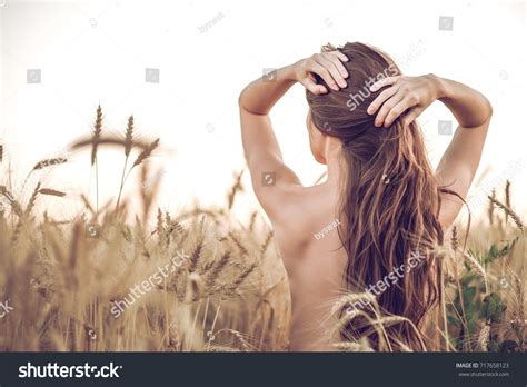 Beautiful Girl Wheat Field Topless Nude Stock Photo