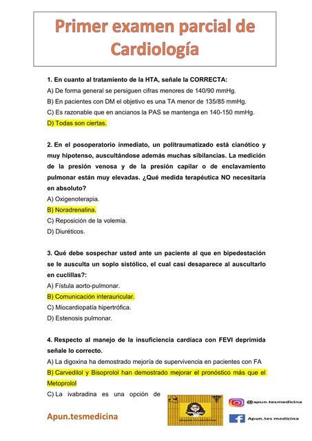 Primer Examen Parcial De Cardiolog A Apun Tesmedicina Udocz