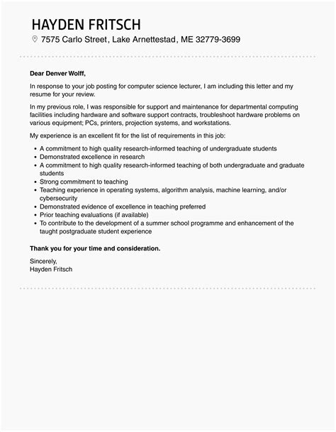 Computer Science Lecturer Cover Letter Velvet Jobs