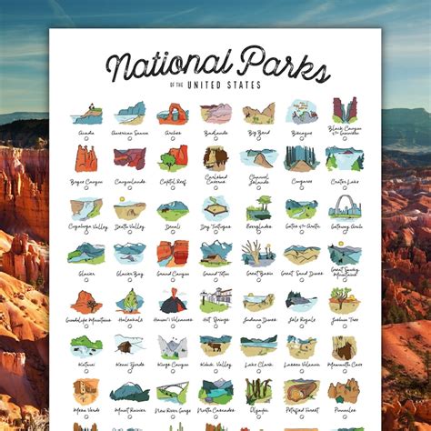 63 National Parks Checklist Poster Unique Colorful Etsy