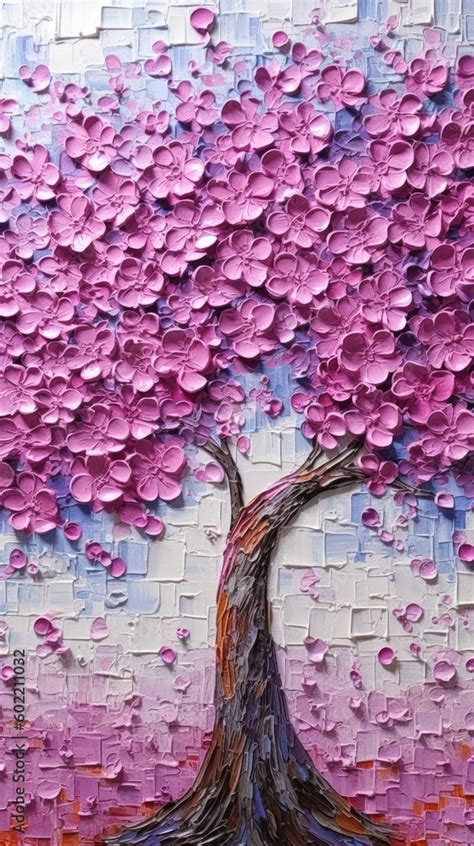 Stunning Blossoming Tree Mix Acrylic Molding Pink Flowers Torn Paper