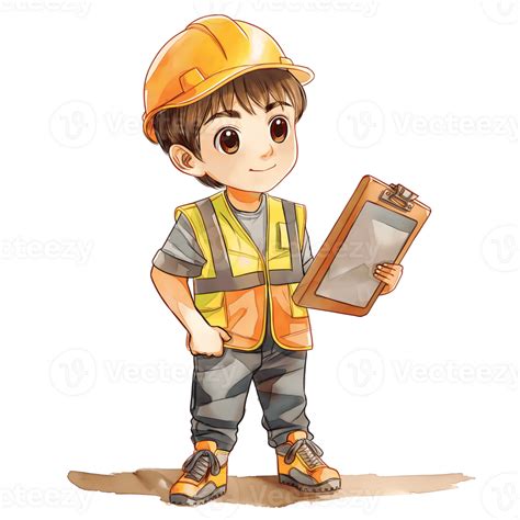 A Young Boy Wearing An Orange Hard Hat And A Yellow Reflective Vest