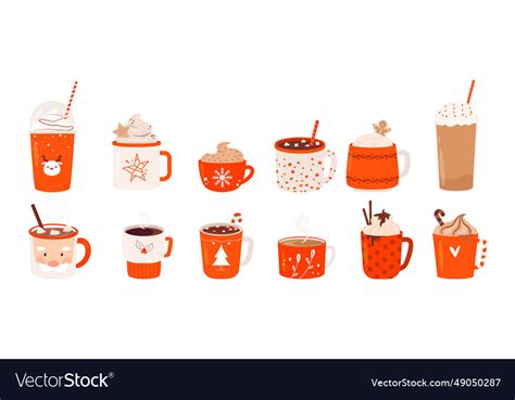 Christmas Drinks In Mugs Warm Cacao Hot Latte Vector Image