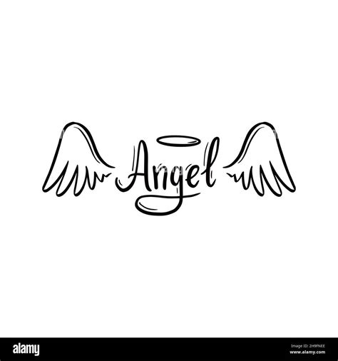 Angel wing with halo and angel lettering text. Hand drawn line sketch ...