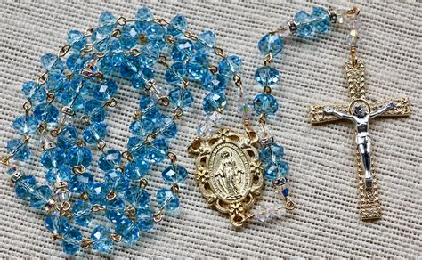 Catholic Swarovski Crystal Large Bead Aquamarine Rosary In Gold