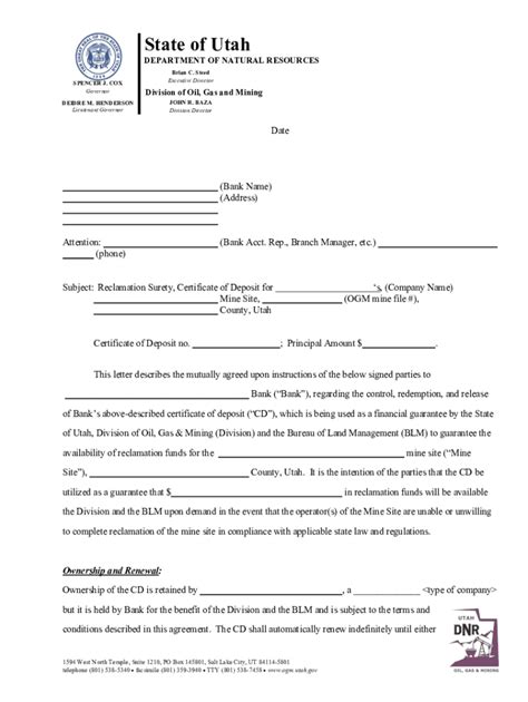 Fillable Online Fs Ogm Utah STATE OF UTAH DEPARTMENT OF NATURAL