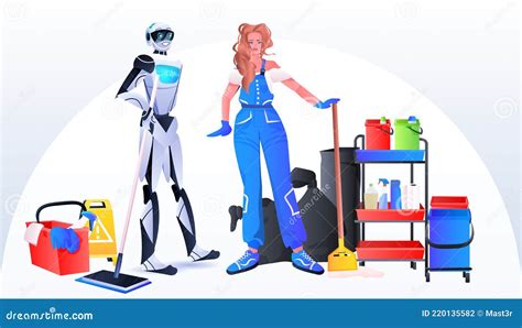 Robotic Janitor with Woman Cleaner Robot Vs Human Standing Together ...