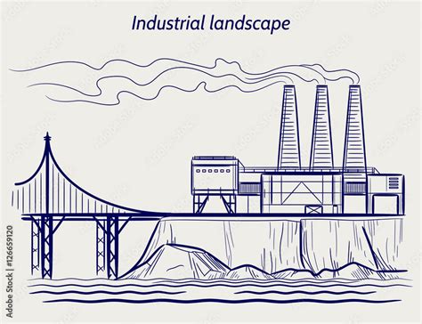 Ball pen sketch blue industrial landscape vector illustration Stock ...