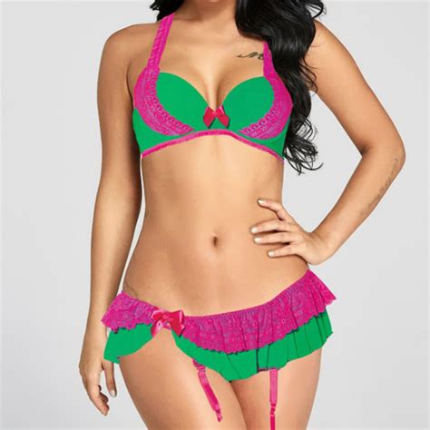 Charming Low Cut Hanging Neck Stretchy Piece Strappy Lingerie Set N