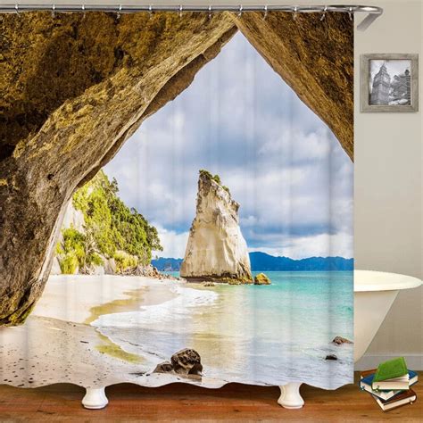 Seaside Beach Cave Printed Shower Curtain Sea Caves Landscape Bathroom