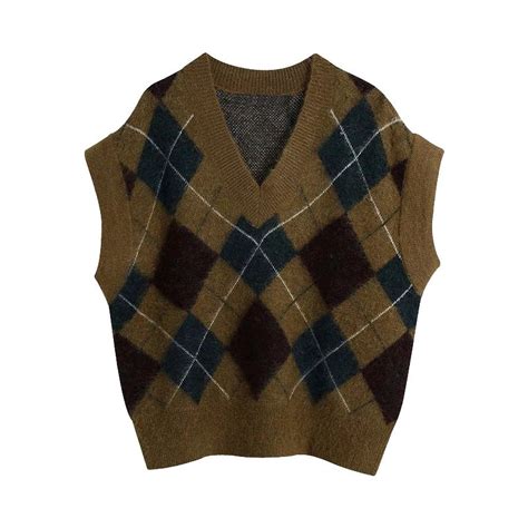 Dark Academia Clothing Knitted Vintage V Neck Argyle Sweaters Etsy