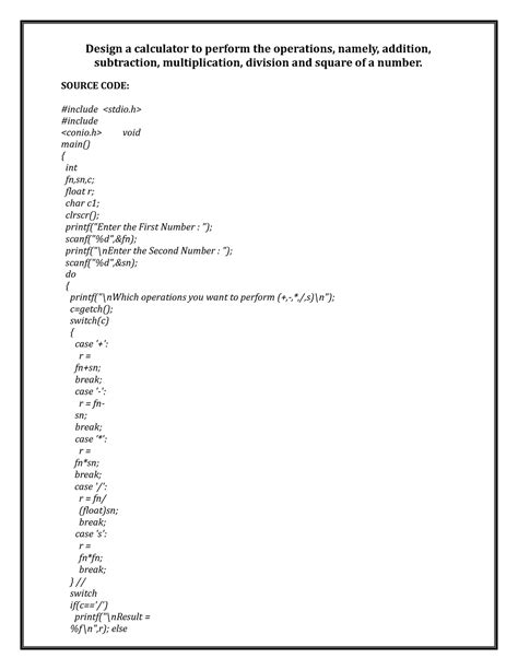 C Pgm Study Design A Calculator To Perform The Operations Namely