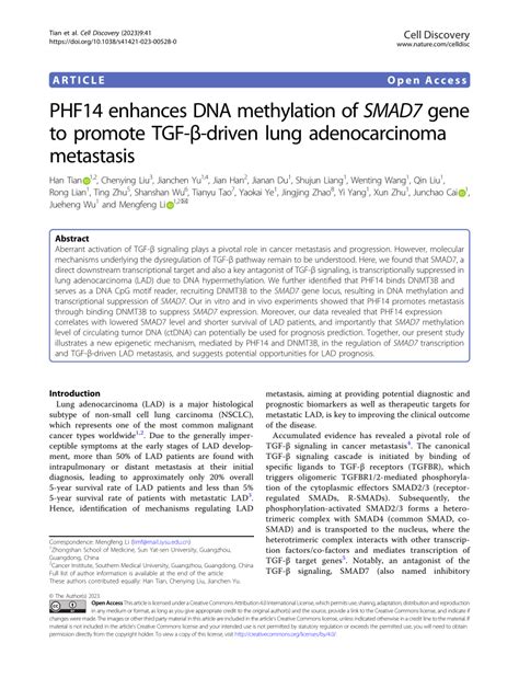 Pdf Phf14 Enhances Dna Methylation Of Smad7 Gene To Promote Tgf β