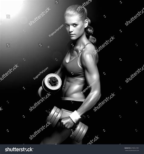Athletic Bodybuilder Woman Dumbbellsbeautiful Blonde Girl Stock Photo