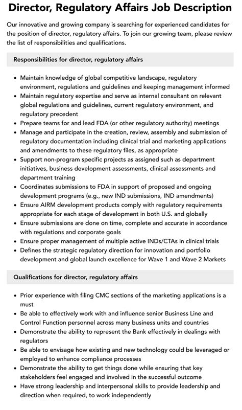 Director Regulatory Affairs Job Description Velvet Jobs