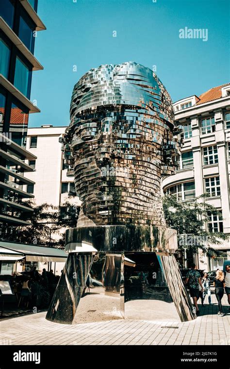 Prague Czech Republic July 2022 Moving Mirror Statue Of Franz Kafka