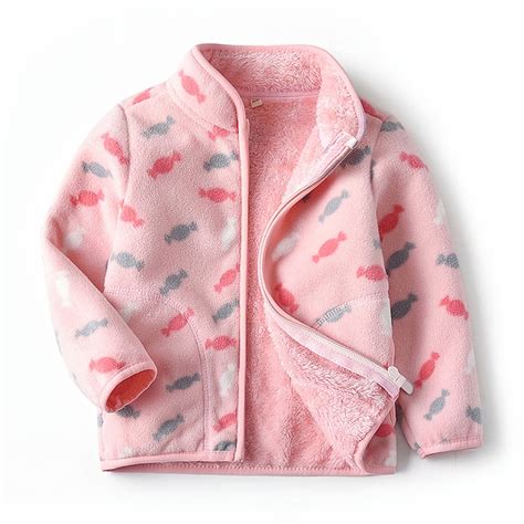 Girls New Thickened Fleece Stand Collar Jacket With Candy Print Outwear