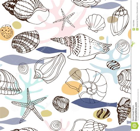 Marine Abstract Seamless Pattern With Hand Drawn Seashells Stock Vector