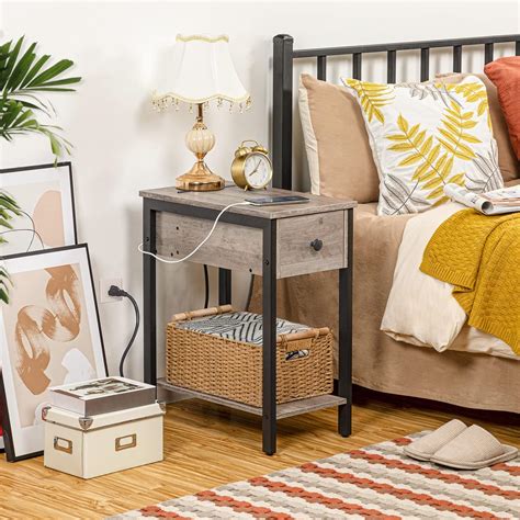 Buy Hoobro Side Table With Charging Station Narrow Nightstand With