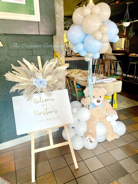 Teddy Hot Air Balloon Baby Shower Decor Easel Display With Pampas Baby