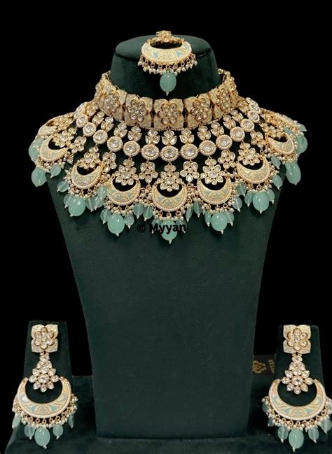 Gold Plated Uncut Polki Kundan Meena Bridal Jewelry Set Aqua Blue