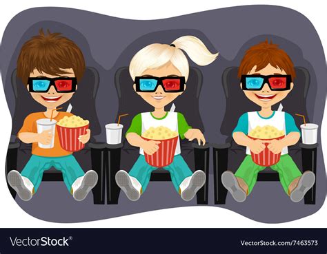 Smiling Kids With Popcorn Watching 3d Movie Vector Image
