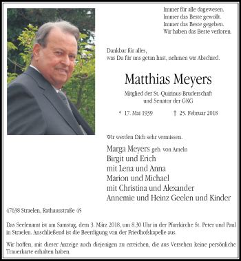 Alle Traueranzeigen für Matthias Meyers trauer rp online de