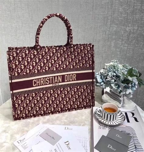 Dior Book Tote 迪奥复古风老花帆布手提公文包旅行包 酒红色