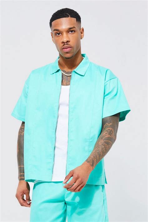 Mens Short Sleeve Boxy Contrast Stitch Zip Shirt Boohoo Uk