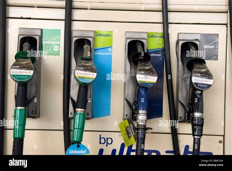 Petrol pumps at BP filling station showing diesel, unleaded fuel types, Toddington Services, UK ...