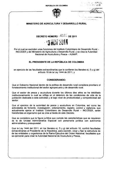 Decreto 4181 Ministerio De Agricultura Y Desarrollo Rural