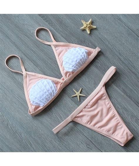 Womens Push Up Padded Micro Bikini Set Shell Top Brazilian Bottom Two Piece Swimsuit Beige