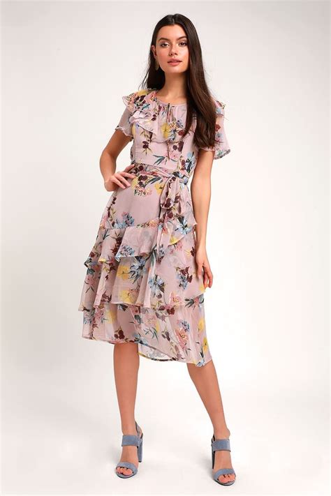 Sunny Mauve Floral Print Ruffled Midi Dress Midi Ruffle Dress Midi