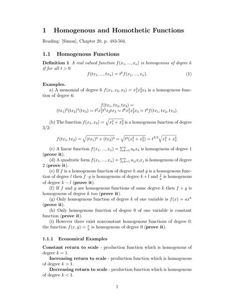 1 Homogenous and Homothetic Functions