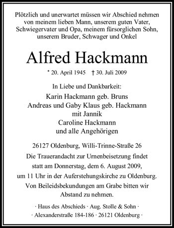 Traueranzeigen Von Alfred Hackmann Nordwest Trauer De