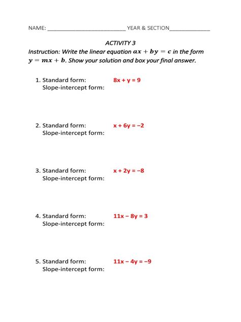 ACTIVITY 3 Standard To Slope Intercept Form PDF Worksheets Library