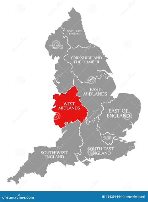 West Midlands Red Highlighted In Map Of England Uk Royalty Free