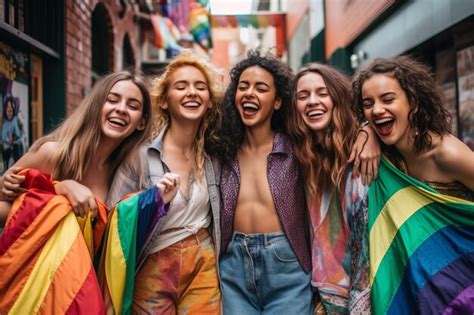 Quatro Mulheres Segurando Bandeiras De Arco Ris E Sorrindo E Se