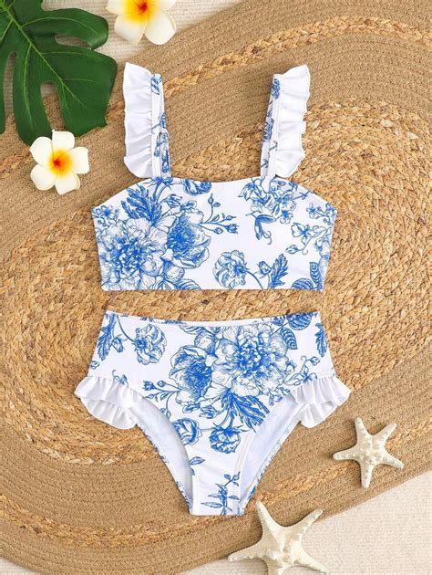 Lunivi Tween Girls Floral Print Random Frill Trim Two Piece Bikini Swimwear Shein Usa