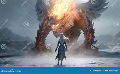 A Girl Stands In Front Of A Big Fire Monster Generative Ai Stock