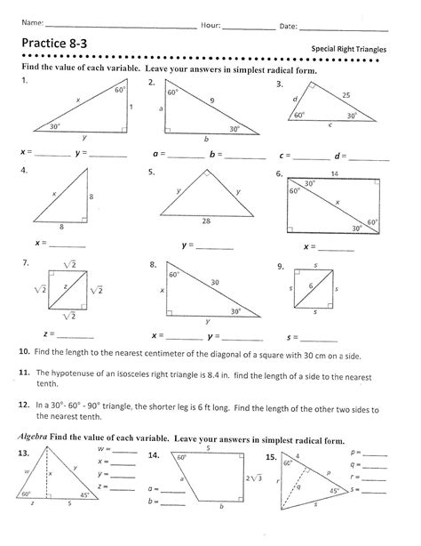 30 60 90 Special Right Triangles Worksheets