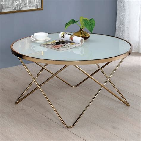 Acme Valora Round Glass Top Coffee Table In White And Gold Cymax Business