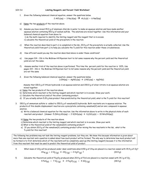 Limiting Reactant And Percent Yield Worksheets