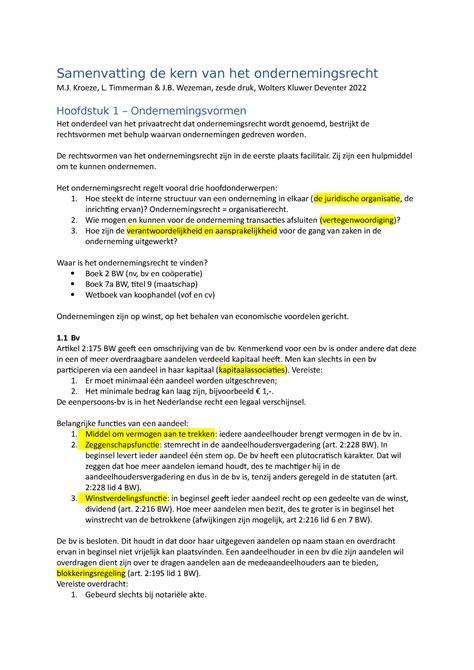 Samenvatting De Kern Van Het Ondernemingsrecht M J Kroeze E A Zesde