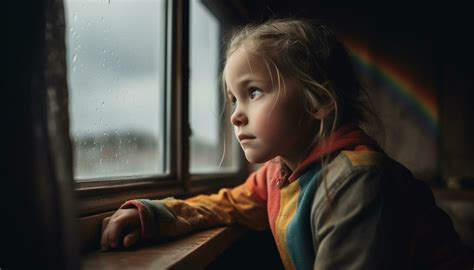 A Sad Girl Sitting Indoors Looking Through The Raindrop Window