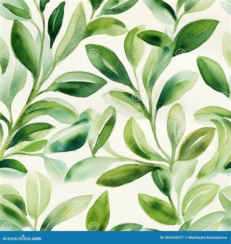 Seamless Watercolor Floral Pattern Green Leaves And Branches On White Background Stock